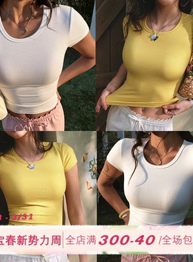 ITSNIKAR 美式黄色圆领短袖t恤女高弹显瘦半袖打底衫辣妹正肩上衣