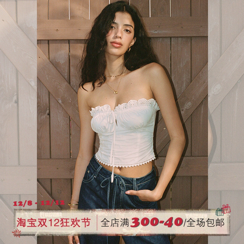 ITSNIKAR法式重工刺绣抹胸女夏抽褶设计内搭度假风立体显瘦短上衣