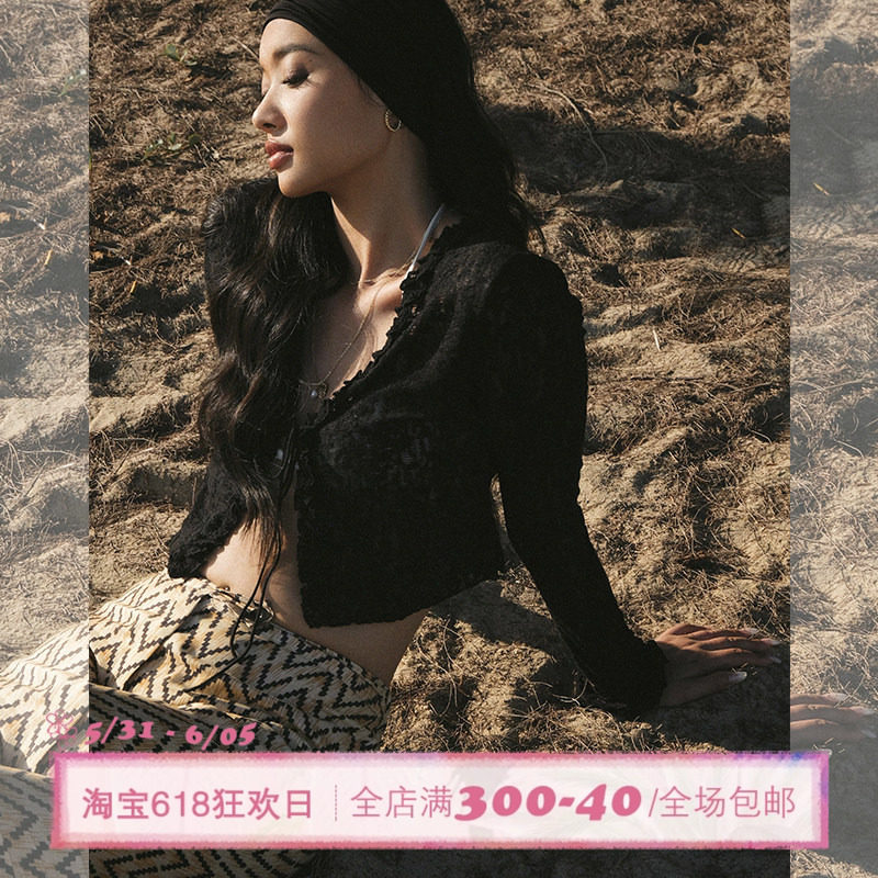 ITSNIKAR 法式蕾丝针织衫女初秋外搭镂空黑色开衫蝴蝶结防晒上衣