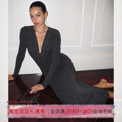 ITSNIKAR 法式深V荡领连衣裙女秋冬褶皱长袖针织包臀裙显瘦长裙子