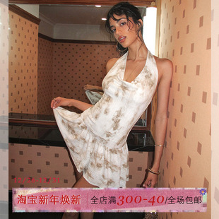 ITSNIKAR度假风印花挂脖连衣裙女夏性感露背针织裙荡领显瘦短裙子