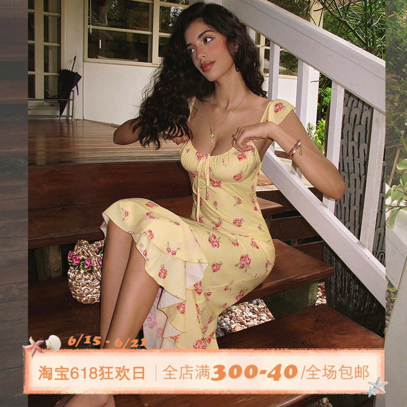 ITSNIKAR【獨家印花】法式碎花吊带连衣裙女夏荷叶边设计鱼尾裙子