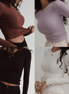 ITSNIKAR 修身长袖圆领t恤女高级紫色针织打底衫内搭紧身露思上衣