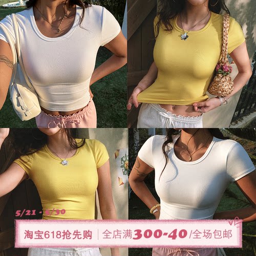 ITSNIKAR 美式黄色圆领短袖t恤女高弹显瘦半袖打底衫辣妹正肩上衣