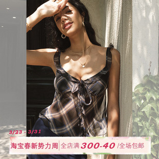 ITSNIKAR 吊带背心女夏格纹网纱微透别致上衣 复古v领蝴蝶结小飞袖
