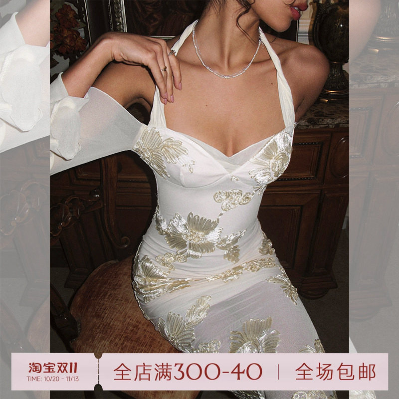 ITSNIKAR新中式复古挂脖连衣裙女荡领盘花刺绣针织裙修身长袖裙子