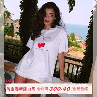 T恤女夏落肩设计宽松显瘦短上衣 白色圆领樱桃短袖 ITSNIKAR 经典