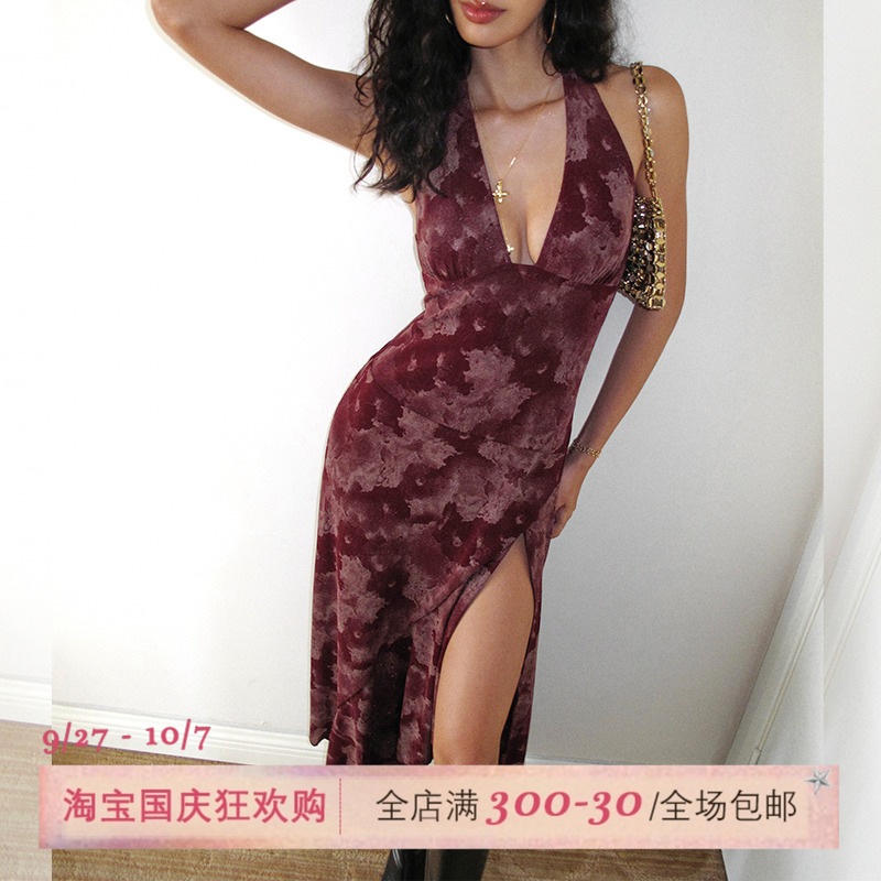 ITSNIKAR 肌理感V领挂脖连衣裙女秋性感露背包臀裙褶皱绑带长裙子