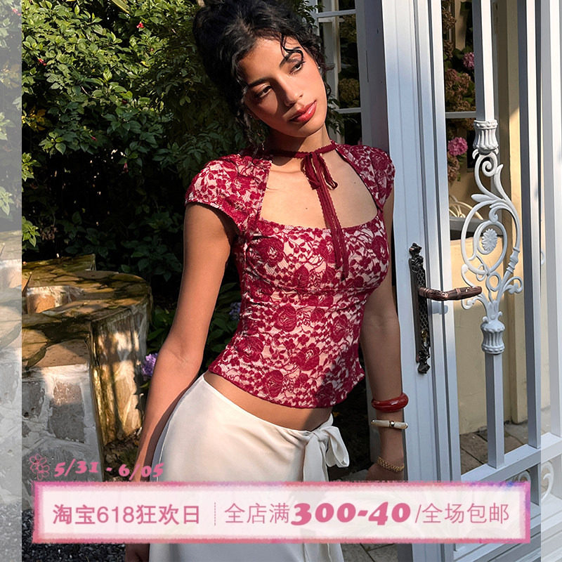 ITSNIKAR 法式印花植绒方圆领短袖T恤女春修身性感蕾丝绑带短上衣