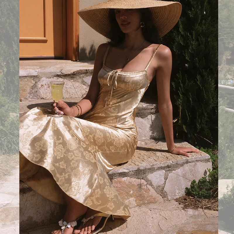 ITSNIKAR 复古提花缎面吊带连衣裙女夏修身显瘦鱼尾裙包臀长裙子