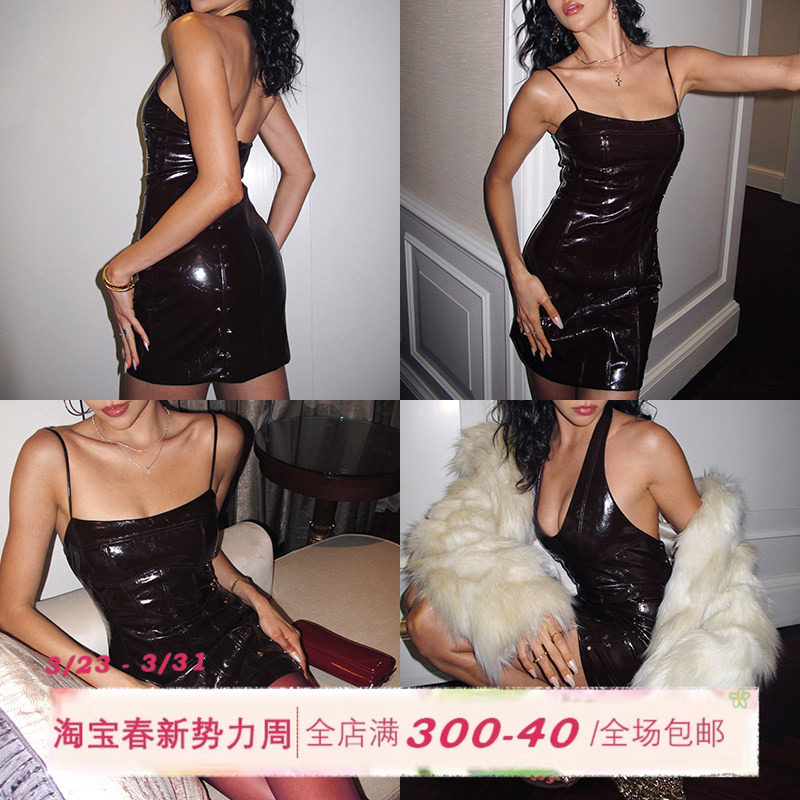ITSNIKAR欧美挂脖PU连衣裙女秋冬性感辣妹吊带皮裙美拉德包臀裙子