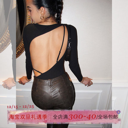 ITSNIKAR黑色毛针织衫女秋带胸垫性感打底衫内搭连体设计露背上衣