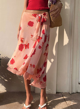 ITSNIKAR 经典印花半身裙女初春不规则雪纺包臀裙复古垂感短裙子