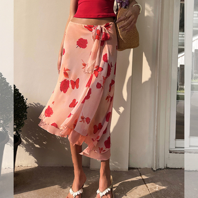 ITSNIKAR 经典印花半身裙女初春不规则雪纺包臀裙复古垂感短裙子