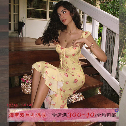 ITSNIKAR【獨家印花】法式碎花吊带连衣裙女夏荷叶边设计鱼尾裙子