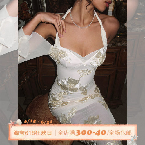 ITSNIKAR新中式复古挂脖连衣裙女荡领盘花刺绣针织裙修身长袖裙子