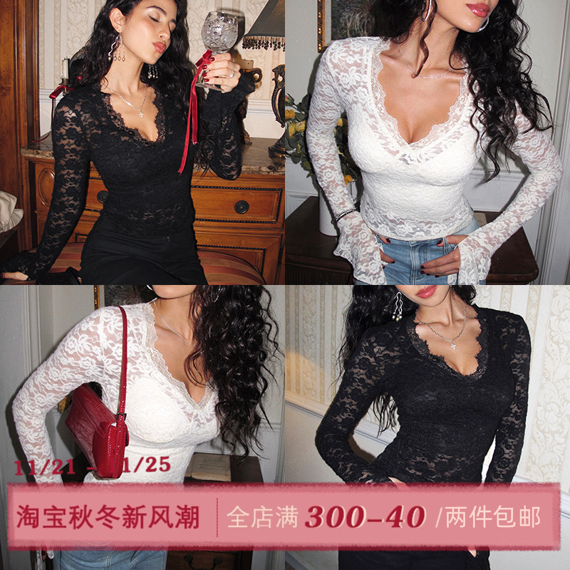 ITSNIKAR 珍珠蕾丝法式镂空V领针织衫女秋性感打底衫外穿蕾丝上衣