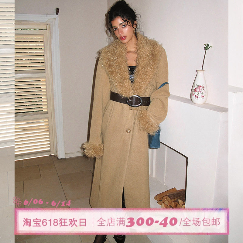 ITSNIKAR 经典毛毛拼接翻领毛呢外套女秋冬立体保暖过膝长款上衣