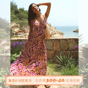 ITSNIKAR 复古夏日风情v领吊带连衣裙女夏季海边度假裙收腰长裙子