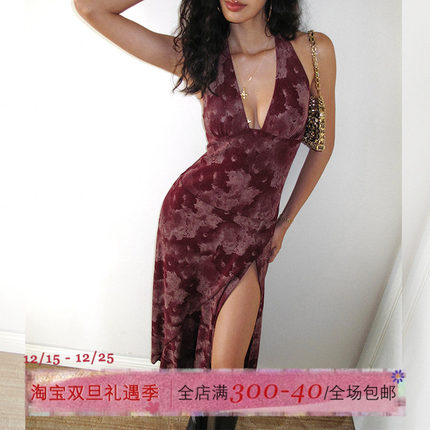 ITSNIKAR 复古酒红V领丝绒挂脖连衣裙女性感露背圣诞裙细闪长裙子