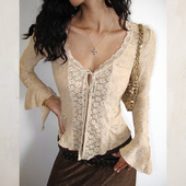 ITSNIKAR法式 早秋包臀长裙上衣两件套 复古肌理感蕾丝长袖 针织套装