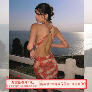 ITSNIKAR复古红色碎花连衣裙女性感挂脖吊带裙海边露背度假长裙子