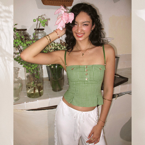 ITSNIKAR肌理感条纹背心吊带女夏棉感收腰衬衫性感显瘦外穿短上衣