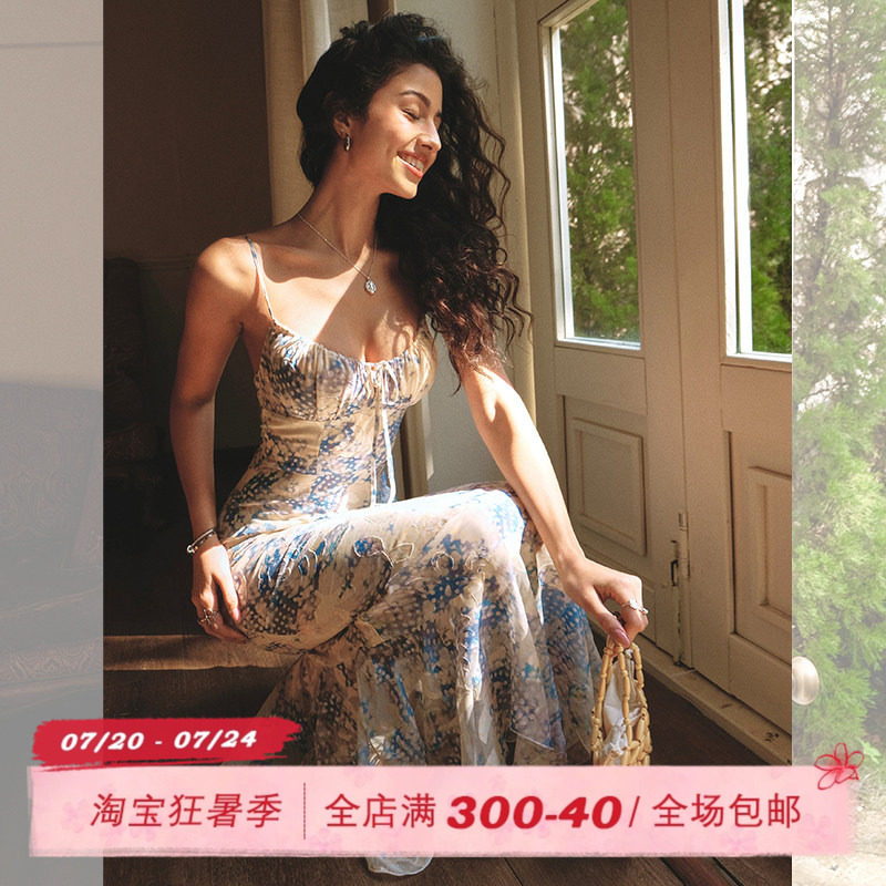 ITSNIKAR【清酒裙】蓝色碎花连衣裙女性感吊带长裙海边度假鱼尾裙