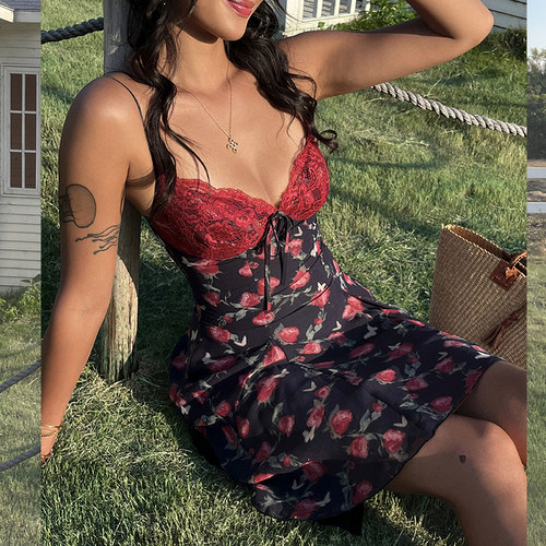 ITSNIKAR性感黑色玫瑰碎花连衣裙女蕾丝拼接吊带短裙收腰显瘦裙子