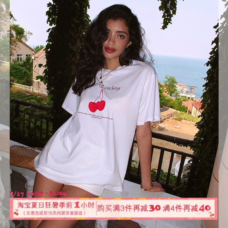 ITSNIKAR 经典白色圆领樱桃短袖T恤女夏落肩设计宽松显瘦短上衣
