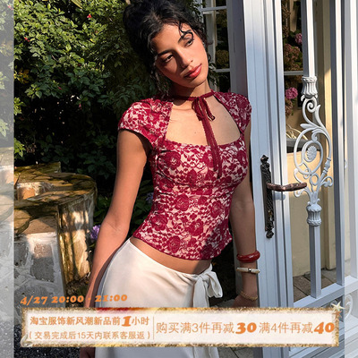 ITSNIKAR 法式印花植绒方圆领短袖T恤女春修身性感蕾丝绑带短上衣