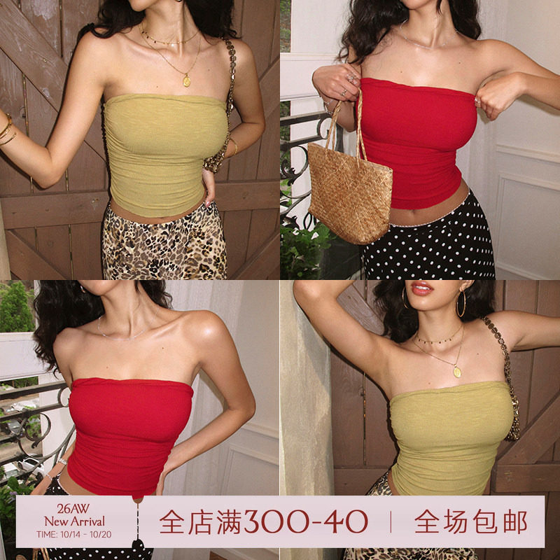 ITSNIKAR 裸感红色抹胸女夏带胸垫显瘦打底内搭针织外穿露背上衣
