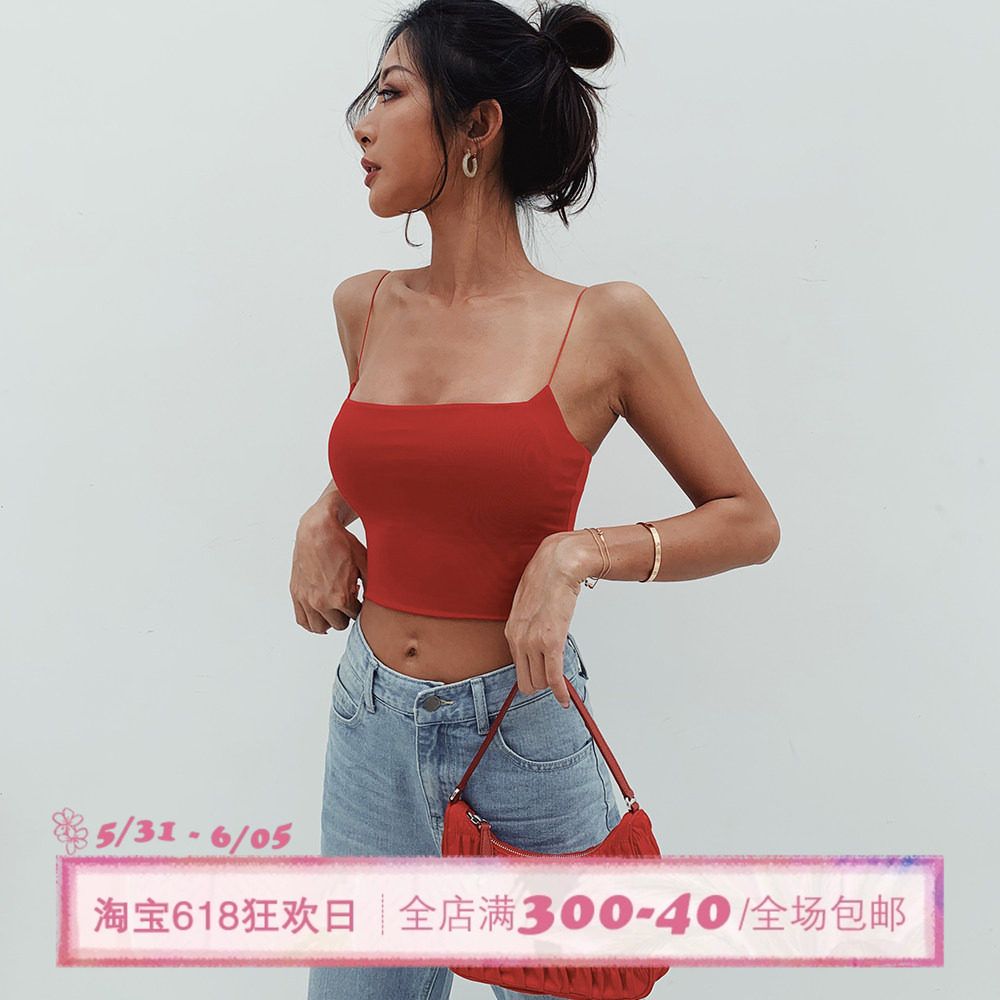 ITSNIKAR红色吊带背心女欧美平口抹胸新款可拆卸带胸垫裹胸外穿