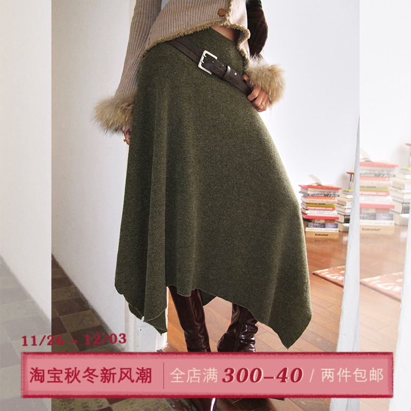 ITSNIKAR 复古黑色毛呢半身裙女秋修身显瘦包臀裙不规则a字长裙子