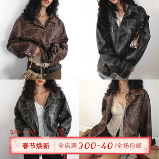 ITSNIKAR复古擦色翻领PU皮外套女秋冬做旧立体口袋设计水洗短上衣