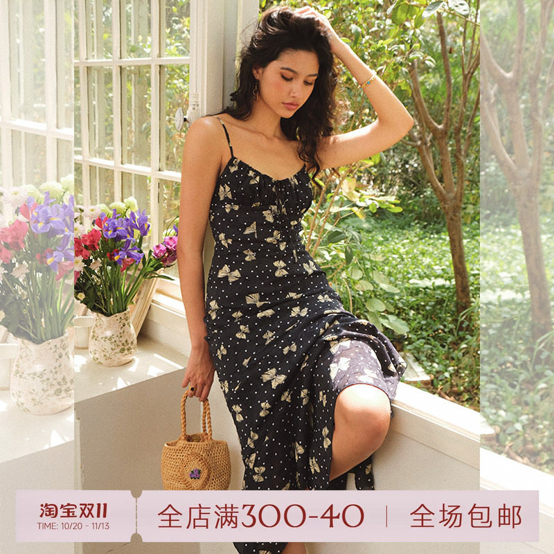 ITSNIKAR法式黑色蝴蝶连衣裙女春夏碎花吊带裙设计感鱼尾长款裙子