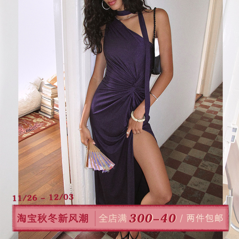 ITSNIKAR棕色斜肩连衣裙女秋收腰扭结针织长裙性感一字肩闪片裙子