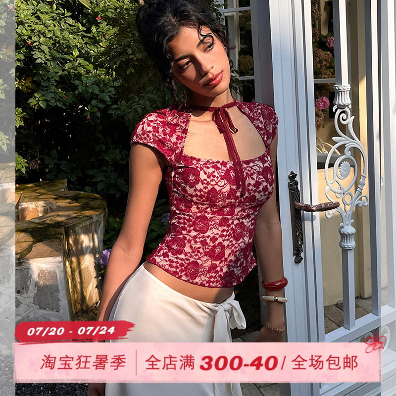 ITSNIKAR 法式印花植绒方圆领短袖T恤女春修身性感蕾丝绑带短上衣
