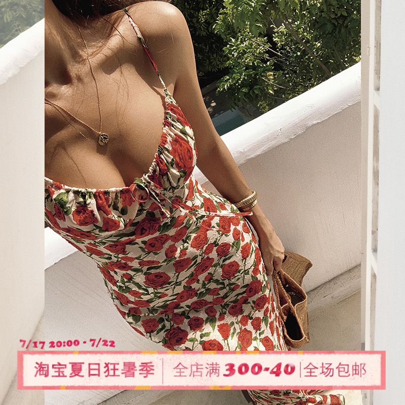 ITSNIKAR玫瑰花度假风吊带裙子