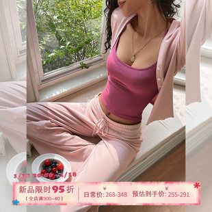 ITSNIKAR慵懒风粉色居家长袖针织衫套装女休闲显瘦阔腿长裤两件套