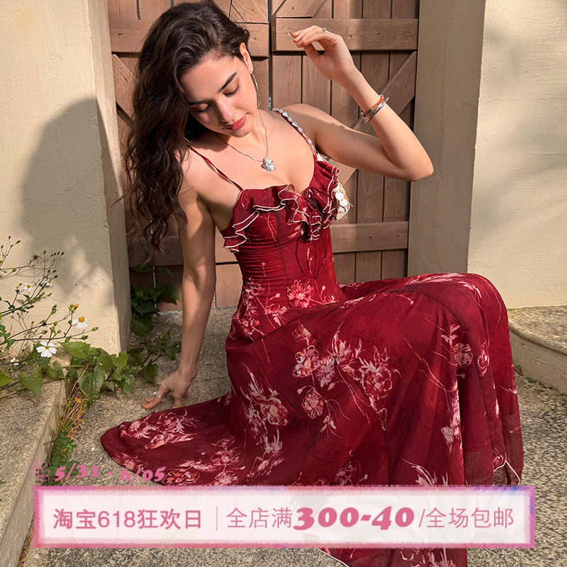ITSNIKAR复古雪纺印花吊带连衣裙女夏性感收腰a字裙度假风长裙子