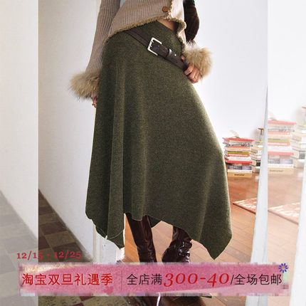 ITSNIKAR 复古黑色毛呢半身裙女秋修身显瘦包臀裙不规则a字长裙子