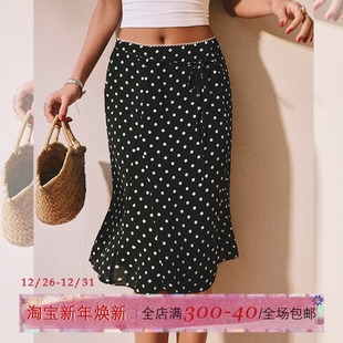 ITSNIKAR 复古黑色波点半身裙女夏赫本风a字半裙蕾丝拼接中长裙子