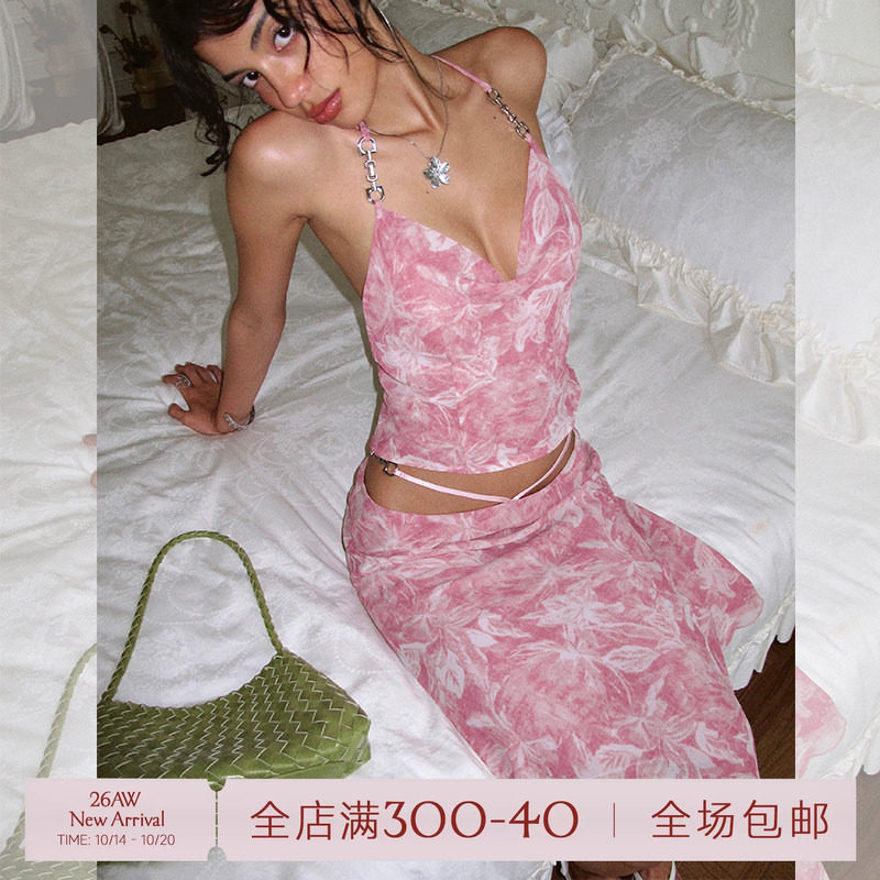 ITSNIKAR慵懒风荡领性感露背吊带套装女夏印花显瘦包臀裙子两件套