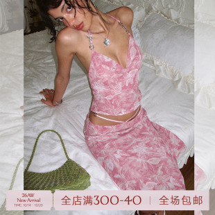ITSNIKAR慵懒风荡领性感露背吊带套装女夏印花显瘦包臀裙子两件套