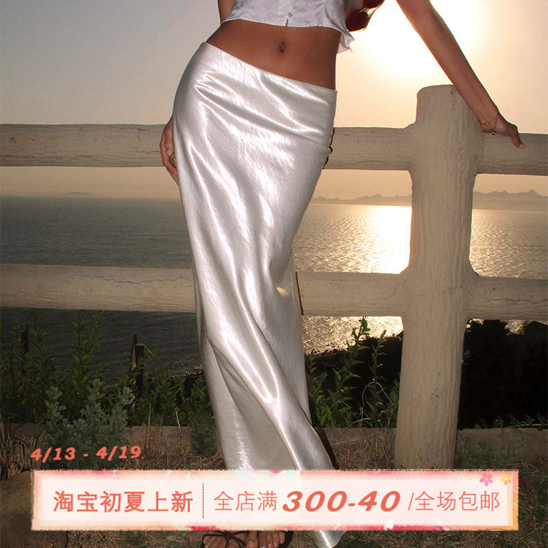 ITSNIKAR 法式丝光缎面半身裙女夏性感修身包臀裙复古白色长裙子