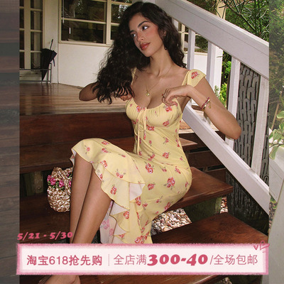 ITSNIKAR【獨家印花】法式碎花吊带连衣裙女夏荷叶边设计鱼尾裙子