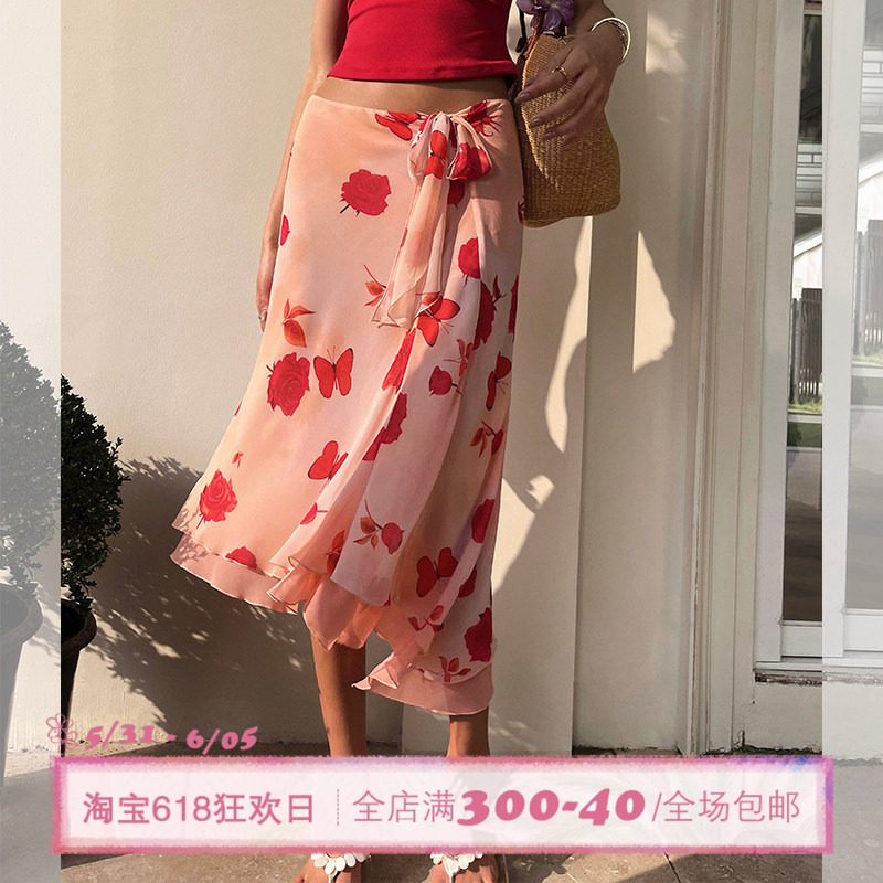 ITSNIKAR 经典印花半身裙女初春不规则雪纺包臀裙复古垂感短裙子