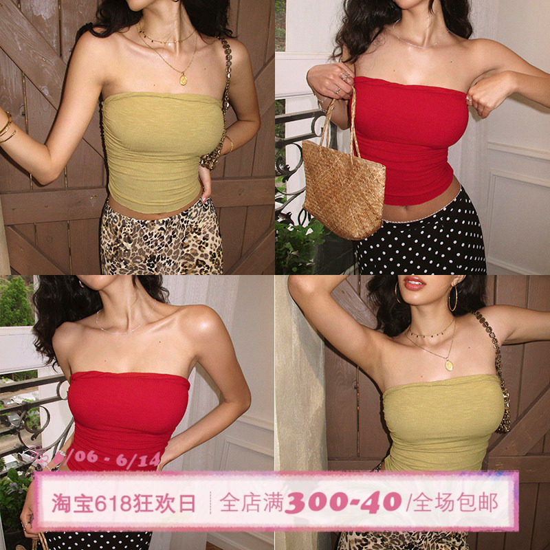 ITSNIKAR 裸感红色抹胸女夏带胸垫显瘦打底内搭针织外穿露背上衣