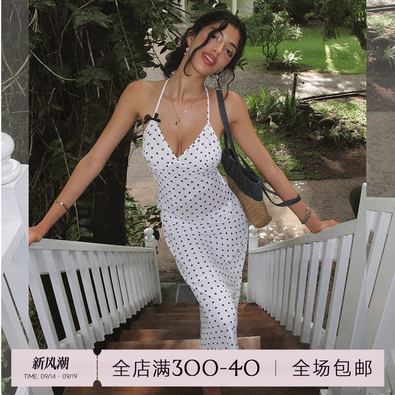 ITSNIKAR 法式波点性感V领挂脖吊带套装女夏肌理感雪纺半裙两件套